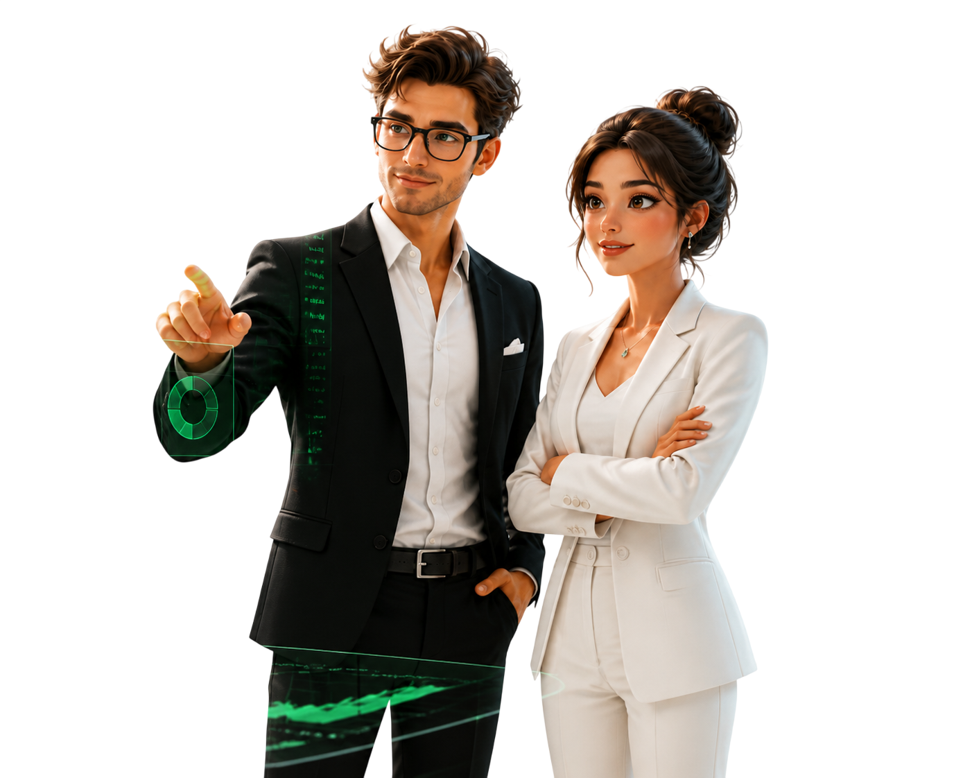 Two traders reviewing a 3D holographic trading dashboard